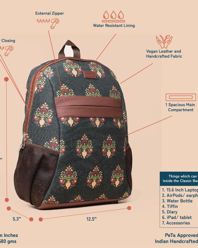 Royal Green Mogra Print Classic Backpack