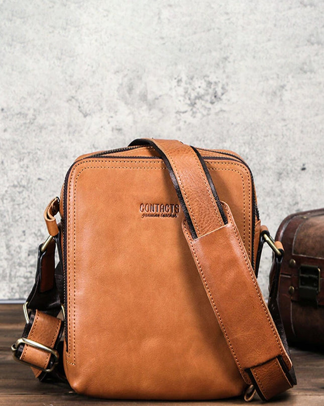 CONTACTS Men Tan Genuine Leather Messenger Bag - MALL