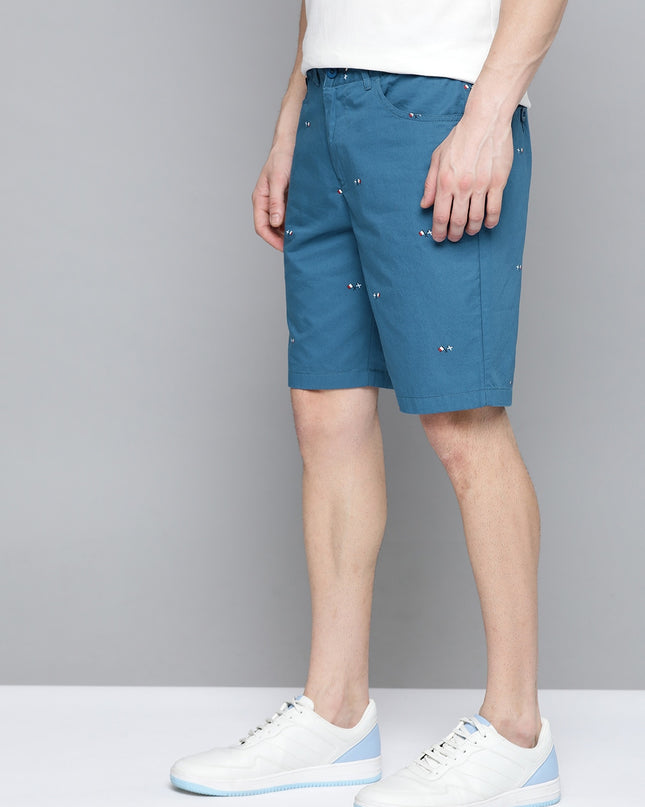 Mast & Harbour Men Teal Blue Flags Printed Pure Cotton Regular Fit Shorts - MALL