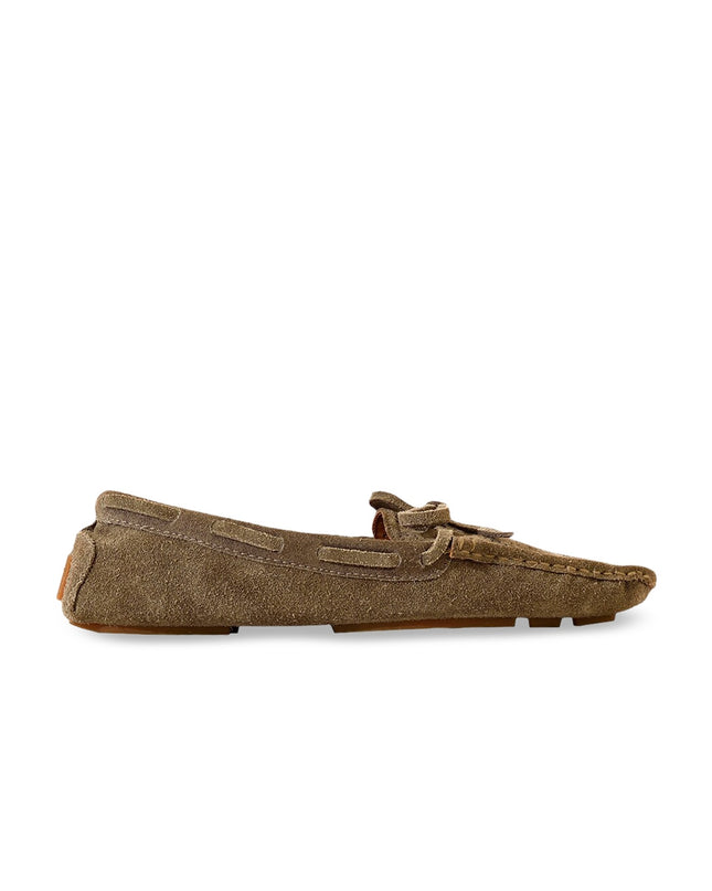 Eske Women Khaki Textured Leather Boat Shoes - MALL