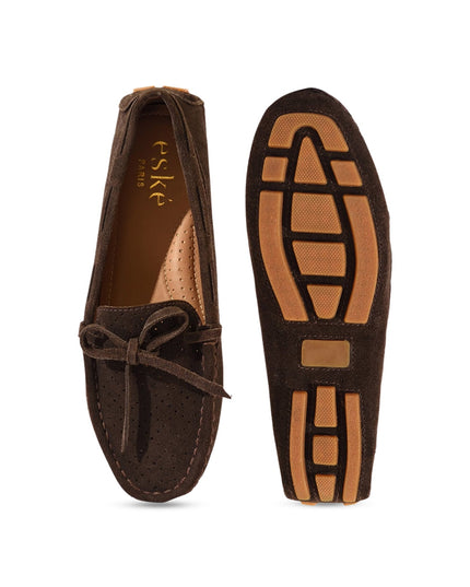 Eske Women Brown Textured Leather Boat Shoes - MALL